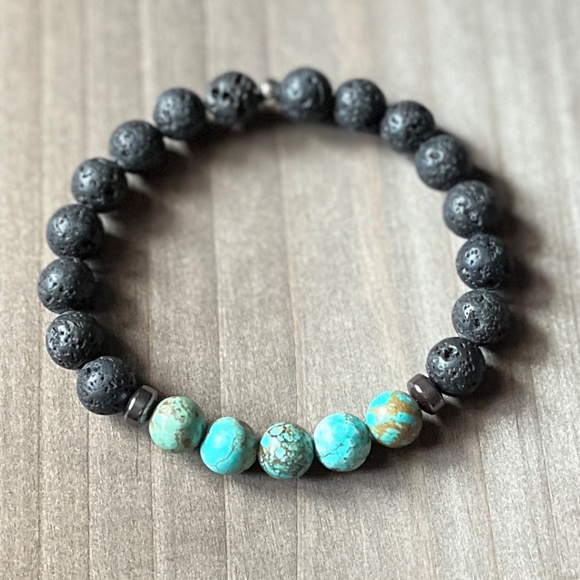 LAVA STONE AND CALSILICA JASPER STONE NATURAL BEADED BRACELET - Stretch - Picture 3 of 4